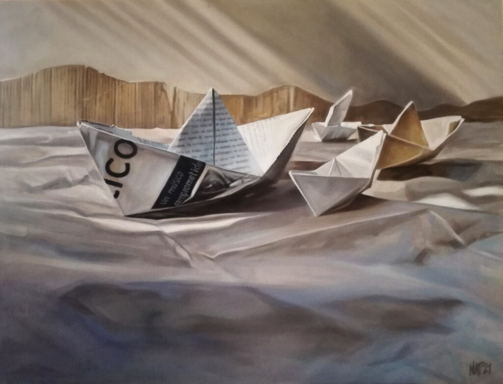 Marina de papel, óleo sobre lienzo