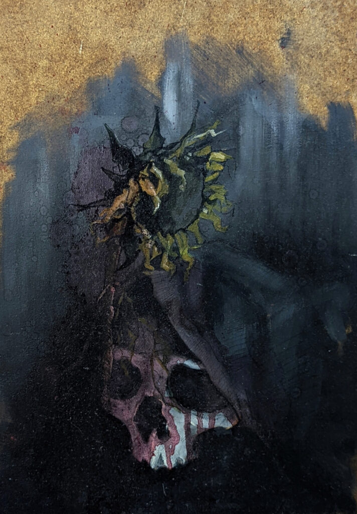 Vanitas y girasol muerto, Mixta sobre tabla
